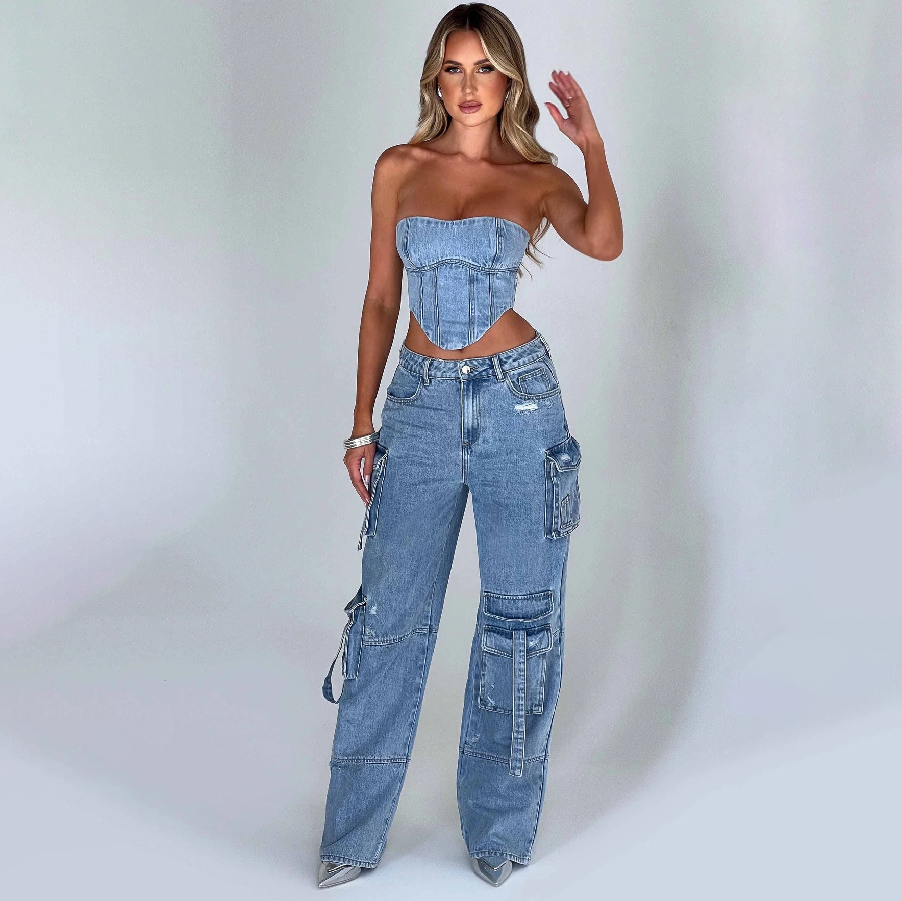 2 stuks denim pakken zomer sexy rugloos